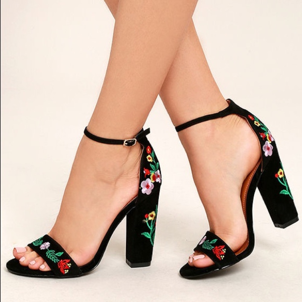 Floral Embroidered Ankle Strap Heels